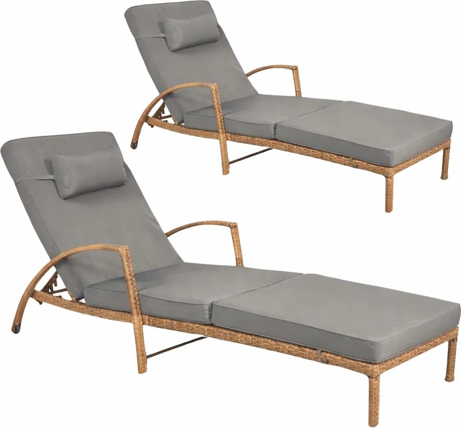 Zestaw 2 leżaków ogrodowych technorattan Ravello XL2505, naturalny, poduszki szare