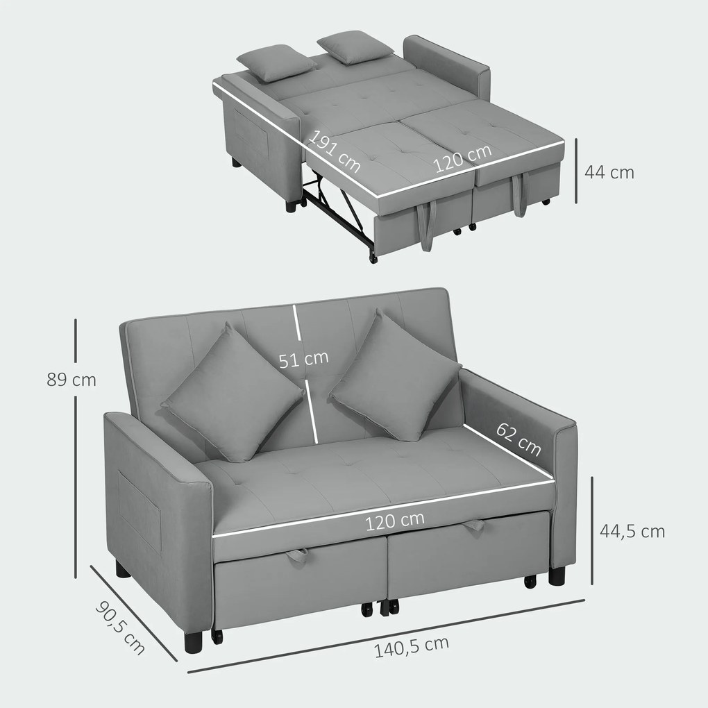 HOMCOM Sofa 4 w 1, regulowana sofa, sofa łóżko, z poduszkami, obicie z tkaniny, do salonu, sypialni, szara