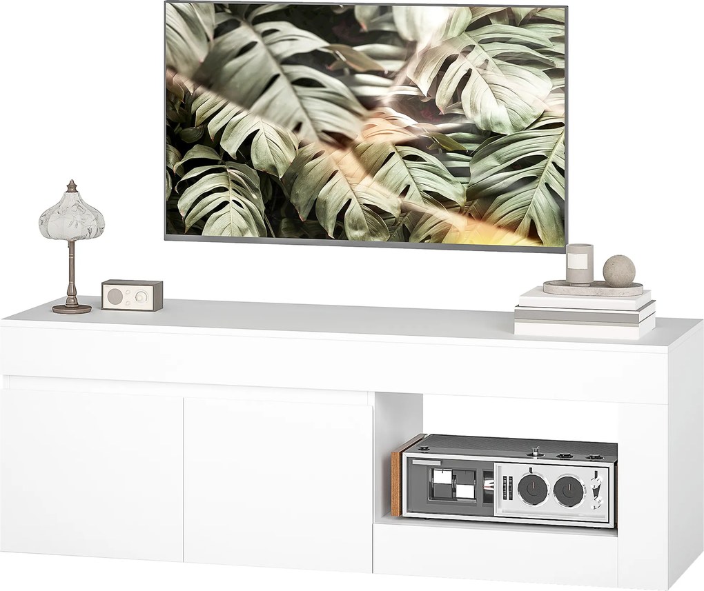 HOMCOM Nowoczesny lowboard TV do salonu z 2 drzwiami, otwartą półką i uchwytami, dla telewizorów do 152,4 cm, 140 x 40 x 48 cm, biały | Aosom PL