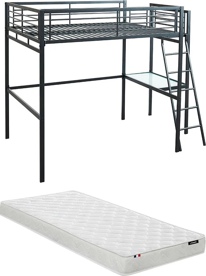 Łóżko antresola CASUAL – blat biurka – kolor antracytowy i piankowy materac 140 × 190 cm