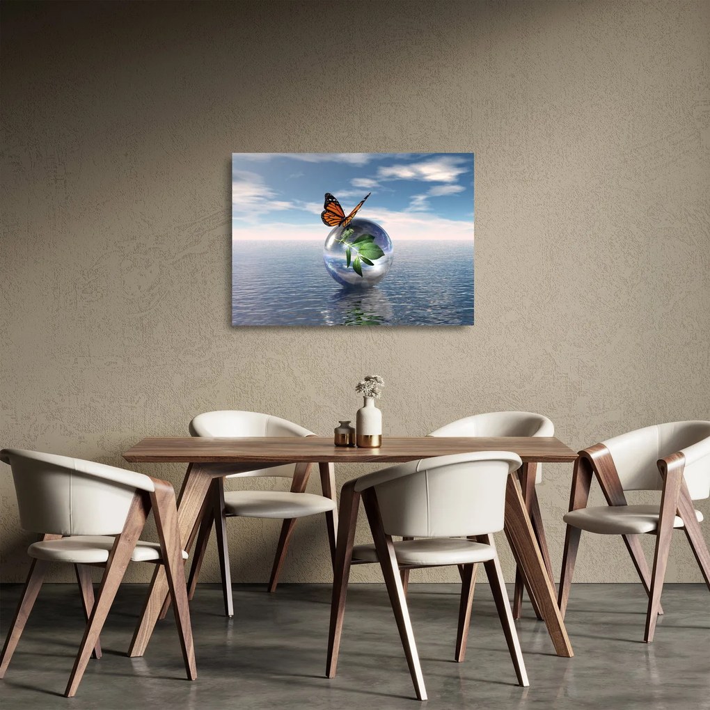 Obraz na szkle motyla na szklanej kuli (70x50 cm)