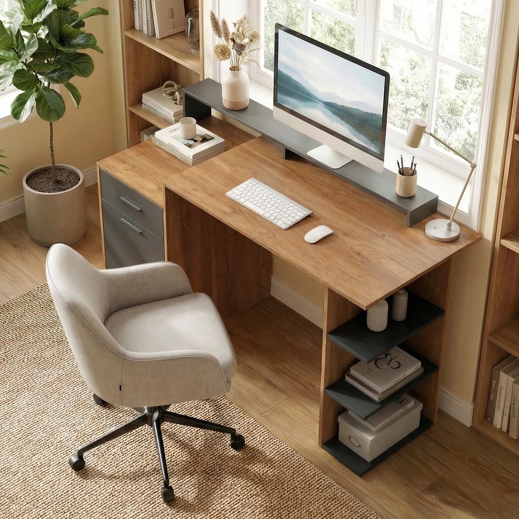 HOMCOM Biurko komputerowe z miejscem na przechowywanie i półkami, nowoczesne biurko do biura i gabinetu, 140 cm, dąb | Aosom PL