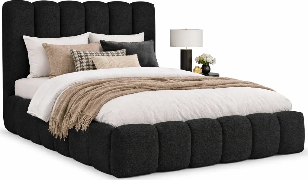 Czarne łóżko tapicerowane tkaniną boucle 5 rozmiarów N3-E66