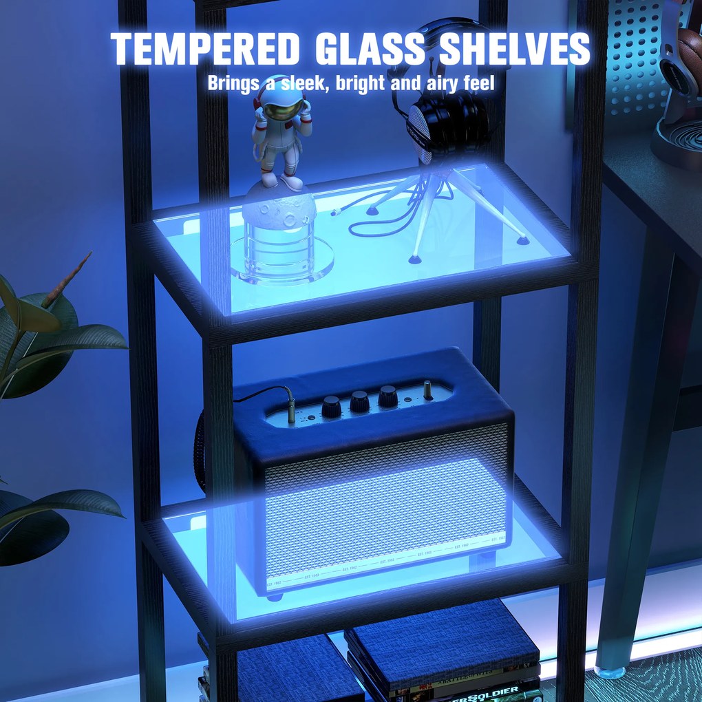 HOMCOM RGB lampa stojąca z szklanymi półkami, 4-poziomowa lampa LED z pilotem, synchronizacja muzyki, czarna