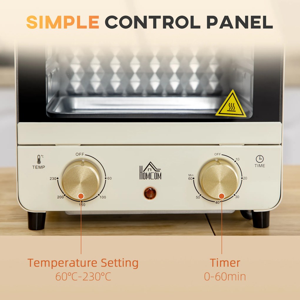 HOMCOM Mini piekarnik 15L, regulowana blacha i ruszt, 1000W, kremowy