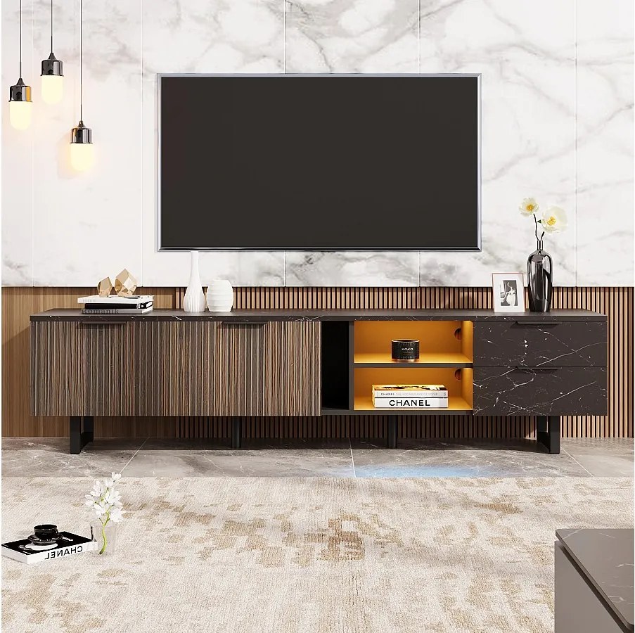 Szafka RTV z 2 drzwiami, 2 szufladami i 2 wnękami - 200 x 38 x 50 cm - LED - Drewno MDF - Czarny + drewno
