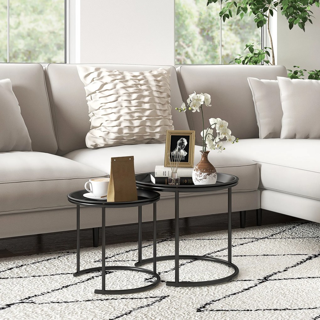 HOMCOM Zestaw 2 metalowych stolików pomocniczych, przesuwane jeden w drugi, blaty działają jako tace, Czarny