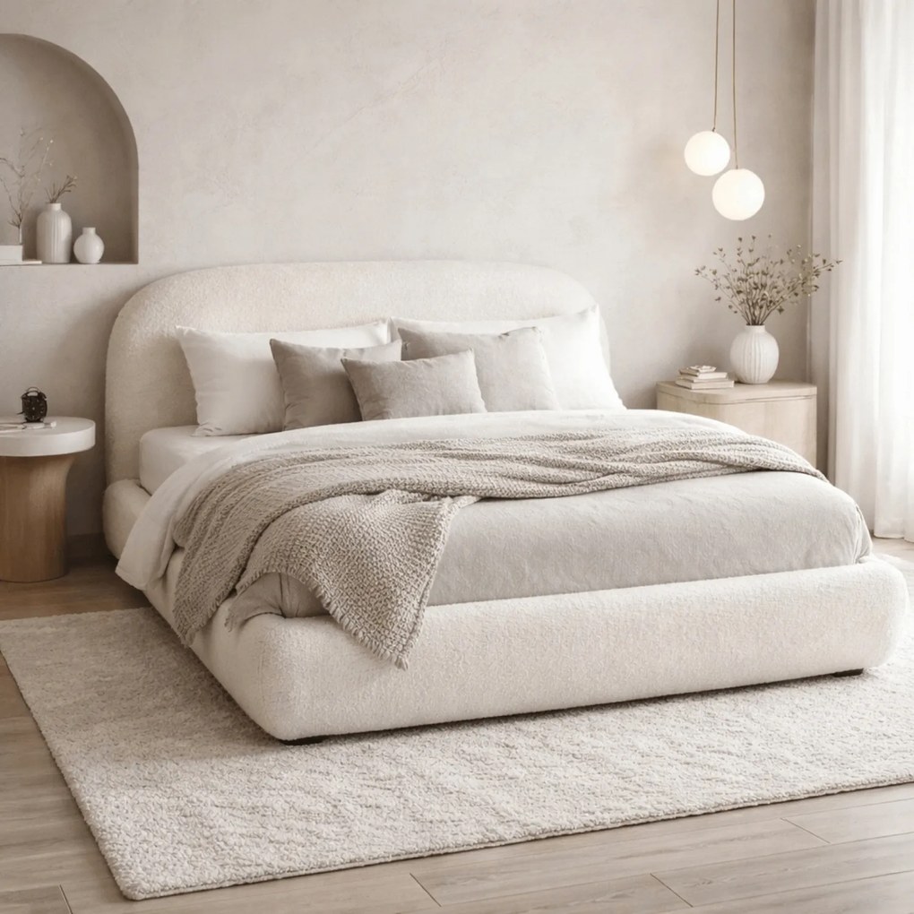 Łóżko Tapicerowane 160x200 cm ROSSO ze Stelażem i Pojemnikiem Dwuosobowe Boucle Kremowe