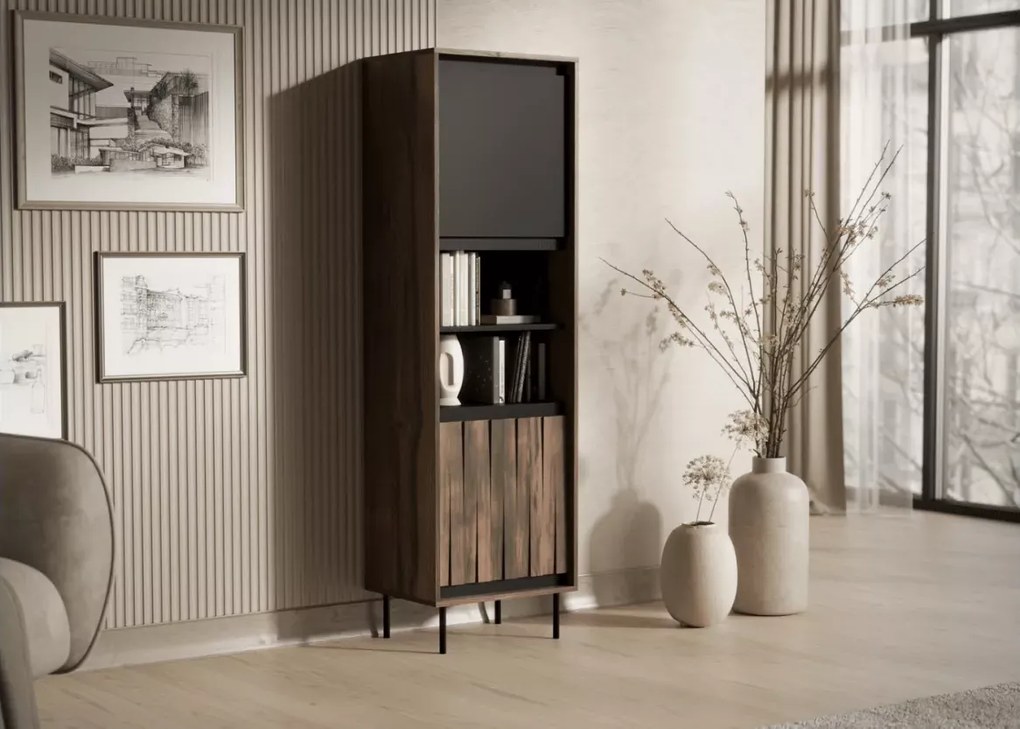 Witryna Madera W-1 – nowoczesna witryna orzechowa z czarnymi akcentami, elegancja i funkcjonalność w Twoim salonie