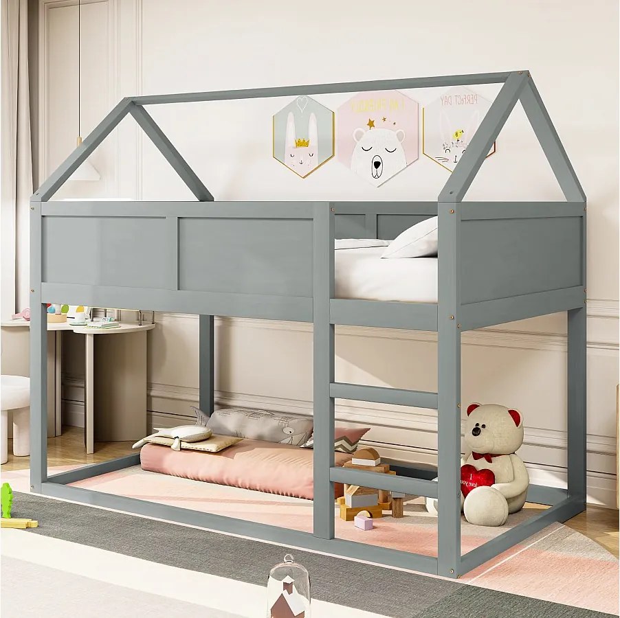Łóżko piętrowe 90x200 cm - Łóżko dziecięce ze schodkami i barierką - Drewno - Szare