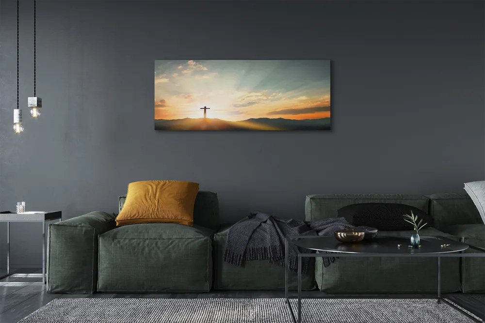 Duży obraz na płótnie Krzyż w Górach o Zachodzie Słońca