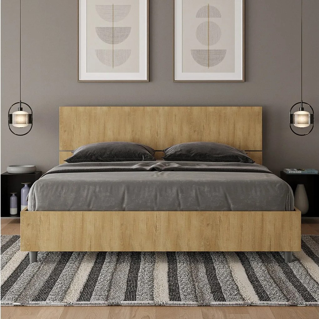 Łóżko wyposażone w stelaż z listwami 160x200 Prosty zagłówek Dąb naturalny Demas
