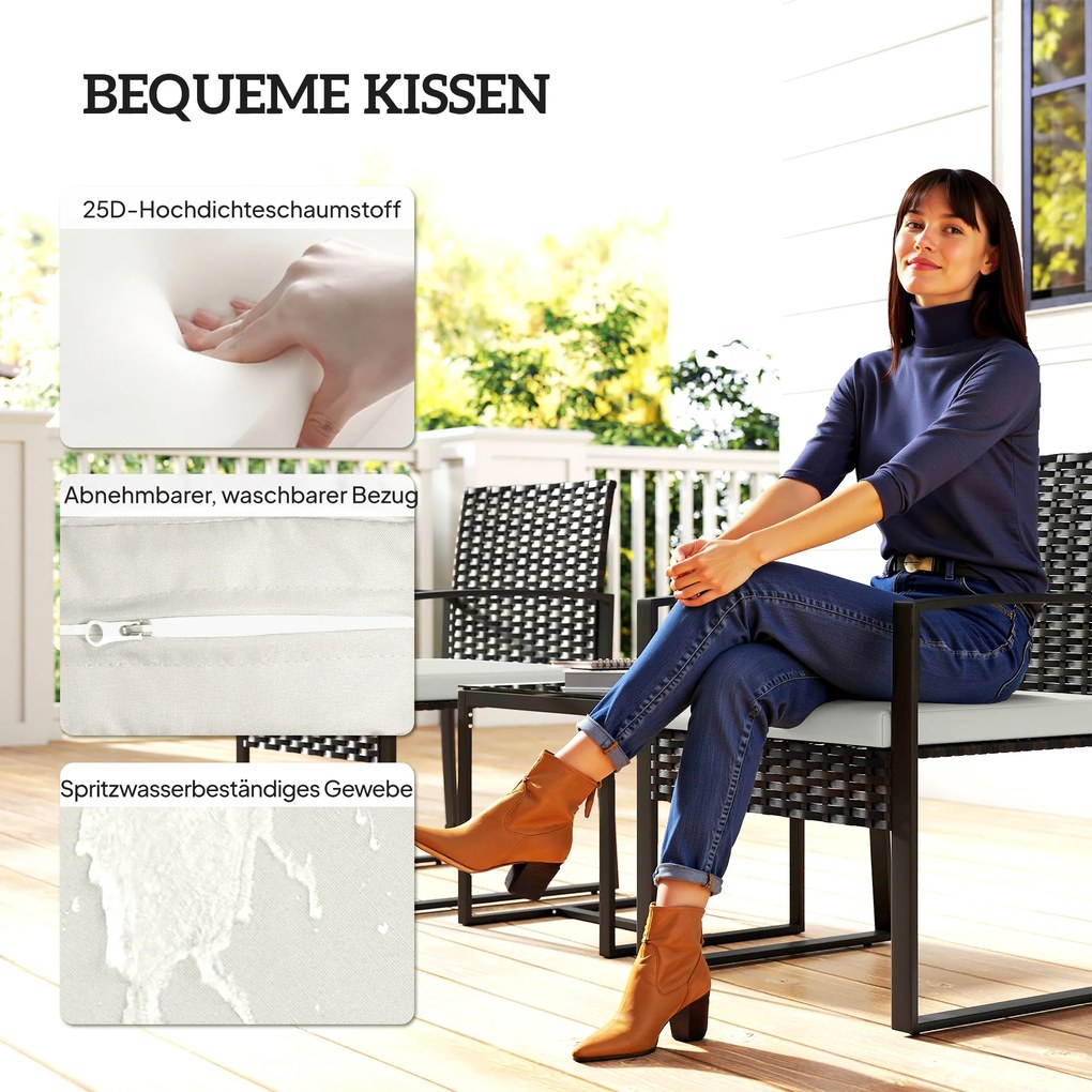 Outsunny Zestaw bistro z rattanu, 3-częściowy zestaw mebli ogrodowych z 2 krzesłami, stolik kawowy, odpinane poduszki, kremowo-biały | Aosom PL