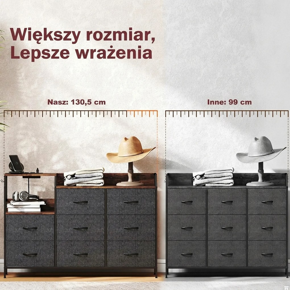HOMCOM Komoda z 8 materiałowymi szufladami, stalowy stelaż, stacja ładowania, Rustykalny-Brąz+Czarny | Aosom PL