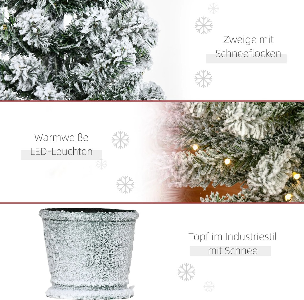 HOMCOM Mini Choinka Ø40x90 cm, z efektem śniegu, 60 diod LED, ognioodporna, plastik, Zielony/Biały | Aosom PL