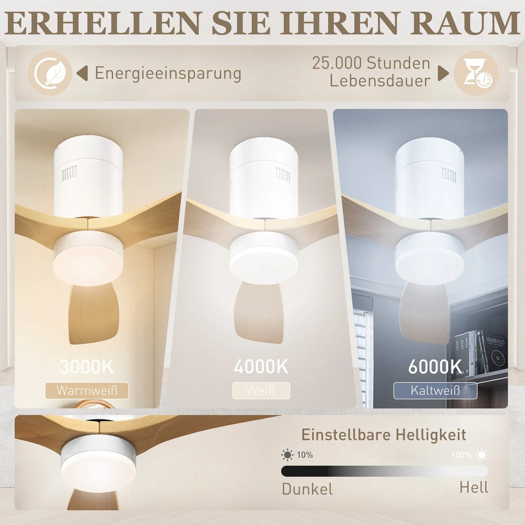 HOMCOM Sufitowy wentylator z oświetleniem LED, 6 prędkości, pilot, jasnobrązowy