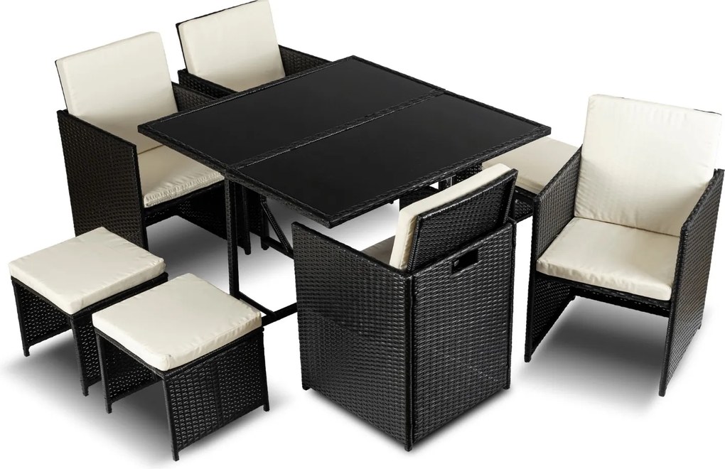 Zestaw mebli ogrodowych z fotelami i pufami Seaside, czarny technorattan, kremowe poduszki