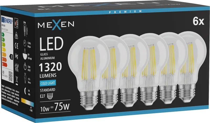 Mexen Vintis 6x żarówka filament LED E27, A60, 10W, Zimna - 6500K, 1320 lm, clear - L150-E27-1065-00x06