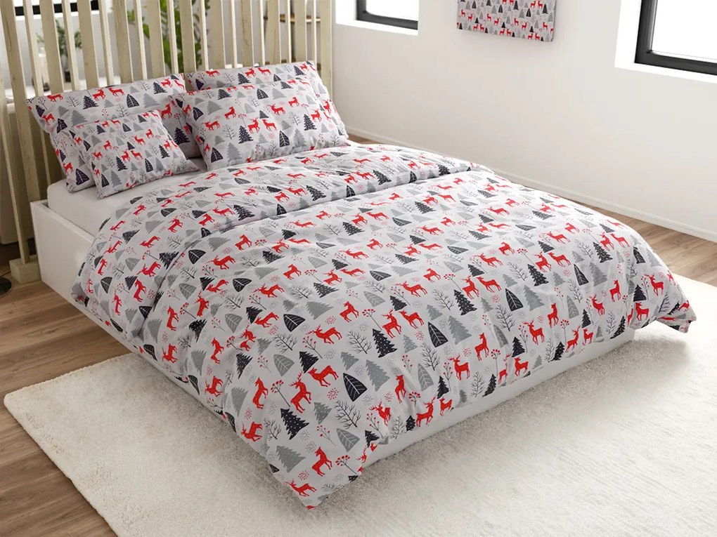 PrzytulneMieszkanie.pl PrzytulneMieszkanie.pl Flanelowa pościel RED DEERS AND TREES biała Rozmiar pościeli: 2 szt 70 x 90 cm | 200 x 220 cm