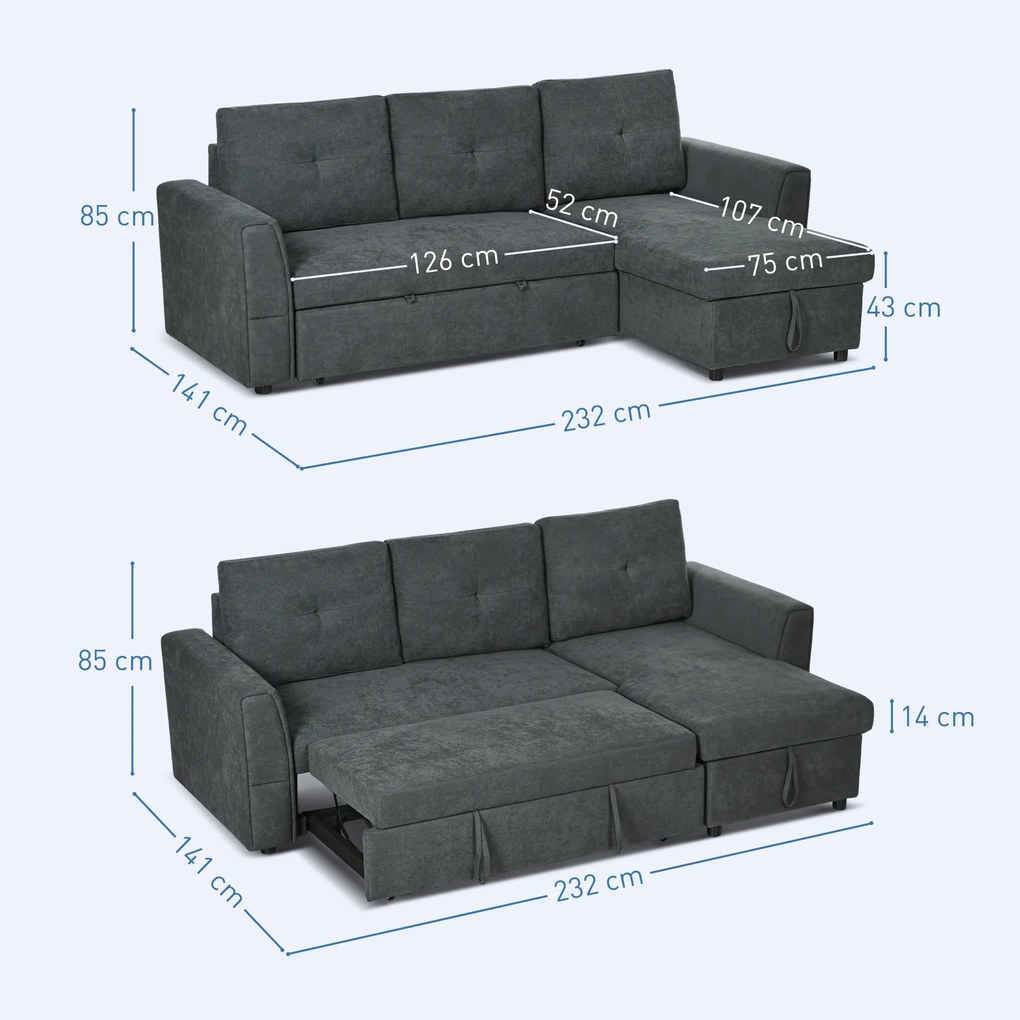 HOMCOM Sofa trzyosobowa z funkcją spania, sofa z chaiselongiem, tapicerowana sofa, ciemnoszara