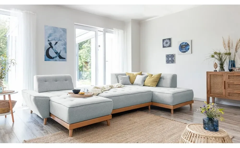Jasnoszara rozkładana sofa w kształcie litery "U" Miuform Dazzling Daisy, prawostronna