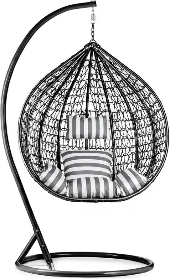 Czarne wiszące krzesło KOKON ze stojakiem, biało-szara poduszka