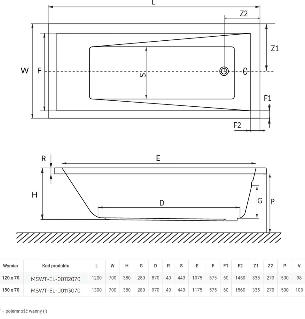 Wanna prostokątna mała 130 x 70 cm biała do zabudowy ELEGA MINI