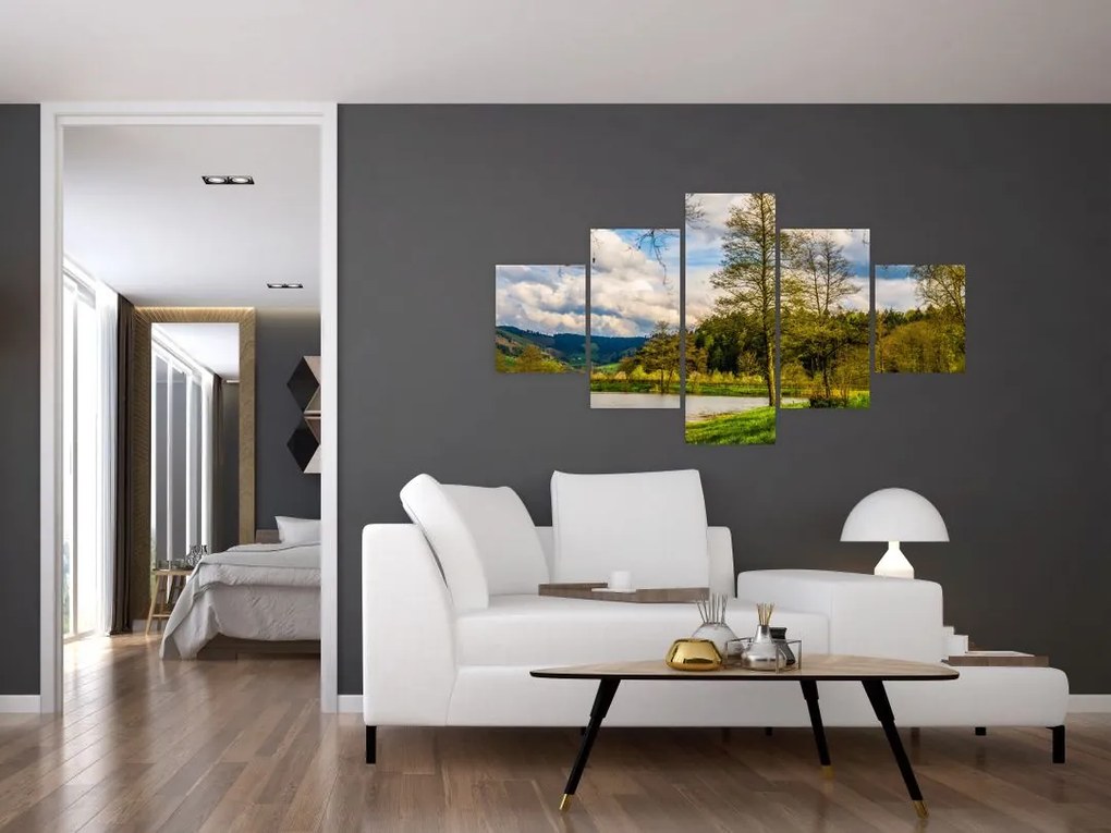 Obraz łodzi nad jeziorem (125x70 cm)