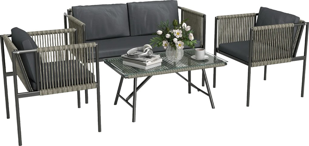 Outsunny 4-elementowy zestaw mebli ogrodowych: 1 sofa, 2 fotele, 1 stolik z blatem szklanym, poduszki, stelaż stalowy, rattan syntetyczny, Szary
