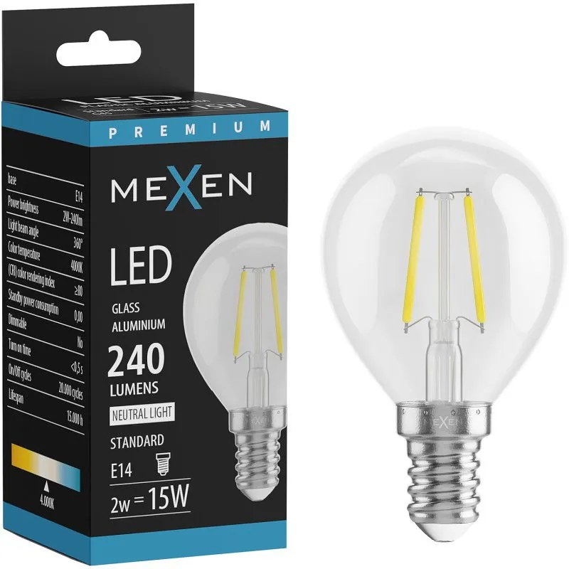 Mexen Vintis żarówka filament LED E14, G45, 2W, Neutralna - 4000K, 240 lm, clear - L156-E14-0240-00