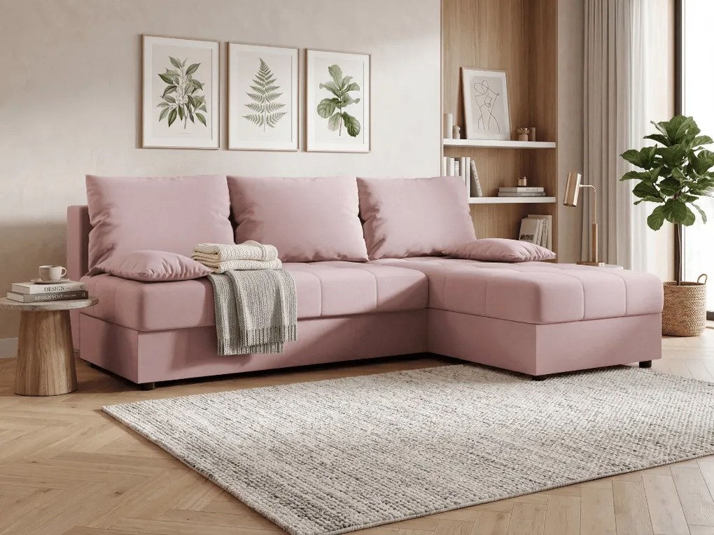 Rozkładana dwustronna sofa narożna do L VENORIA SLIM 200x143 cm, pudrowy róż + 2 poduszki GRATIS