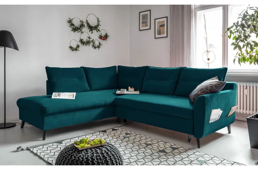 Turkusowy aksamitny narożnik rozkładany Miuform Stylish Stan L, lewostronny