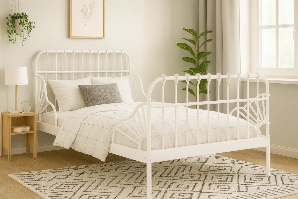 Białe metalowe łóżko rosnące z dzieckiem rozsuwane 80x130/200 cm K9-T61