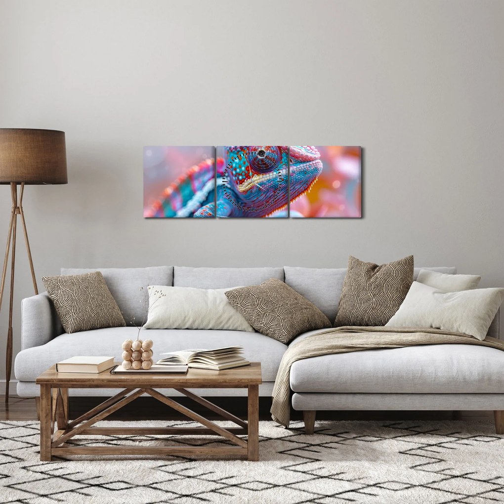 Obraz - Kolorowy kameleon (z zegarem) (90x30 cm)