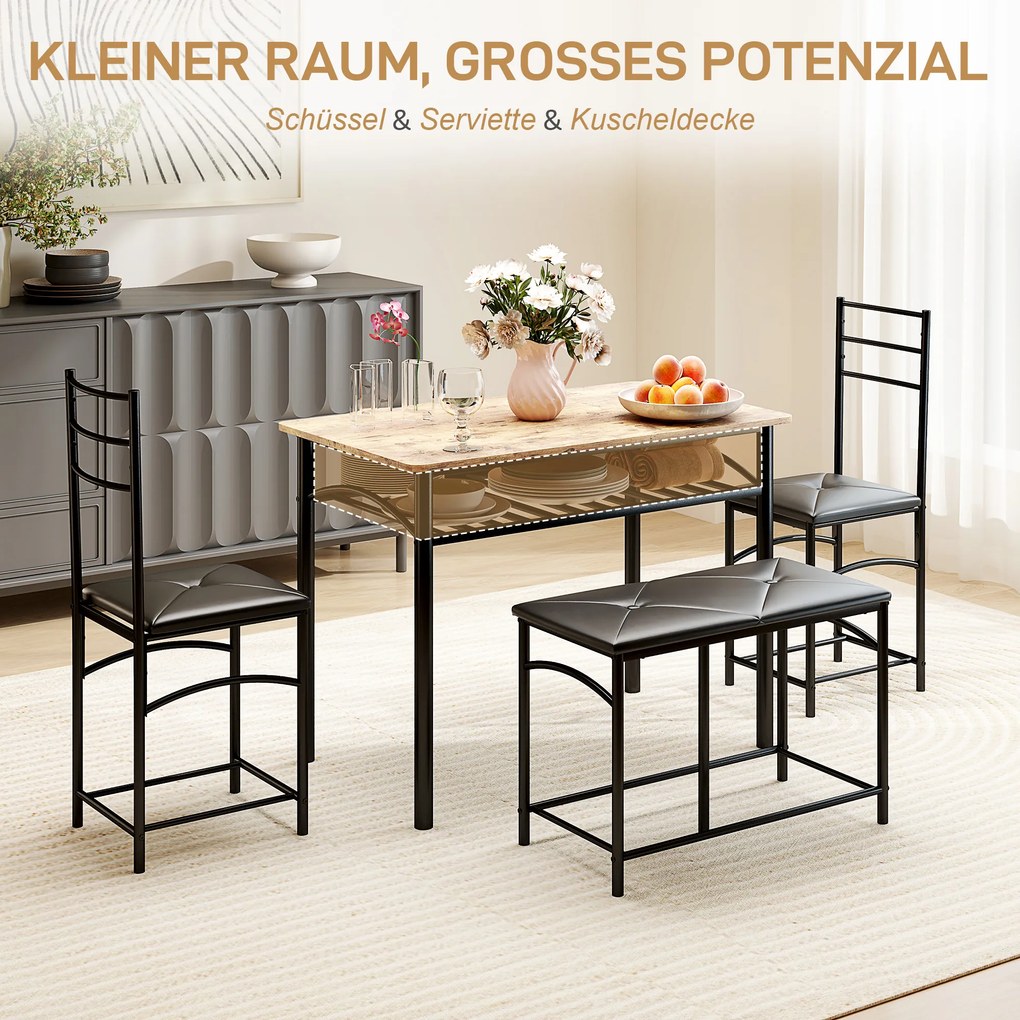 HOMCOM 4-częściowy Zestaw do Jadalni, Oszczędność Miejsca, Zestaw z Stołem, 2 Krzesłami i Ławką, dla Małych Pomieszczeń, Metal, Drewno, Brązowy