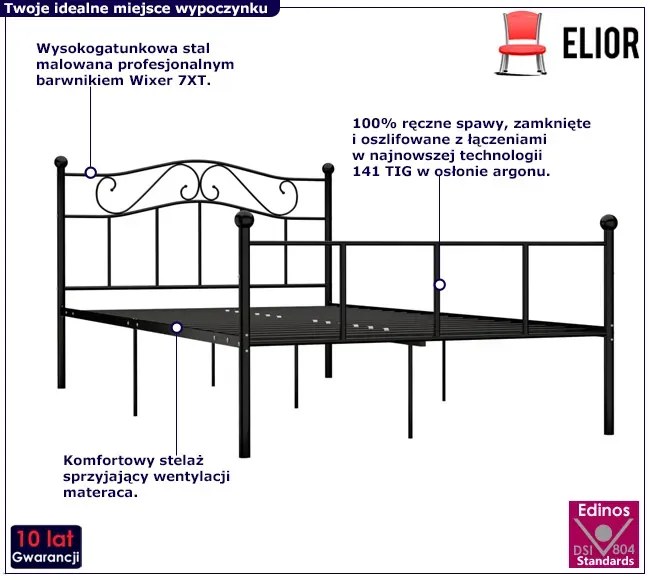 Czarne metalowe łózko dwuosobowe 180x200 cm - Okla