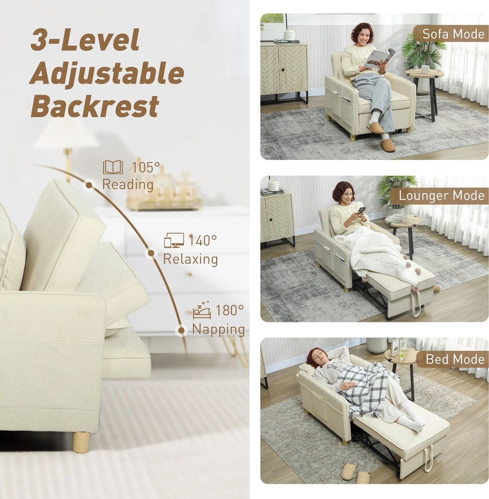 HOMCOM Fotel z funkcją spania 3 w 1, szerokie siedzisko do salonu, 85,5cm x 74cm x 82cm, beżowy | Aosom PL