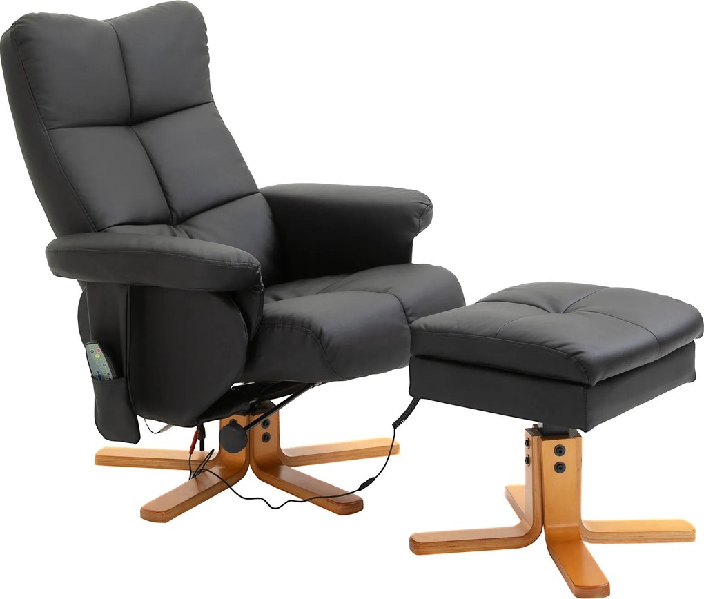 HOMCOM Fotel masujący z pufą nachylenie 145 stopni wygodny relaks sztuczna skóra elegancki czarny 80x86x99cm | Aosom PL