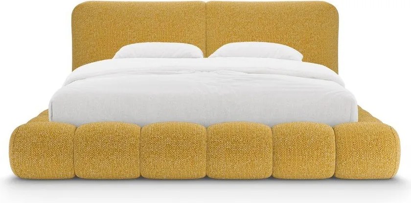 Musztardowe tapicerowane łóżko dwuosobowe ze schowkiem ze stelażem 180x200 cm Solange – Micadoni