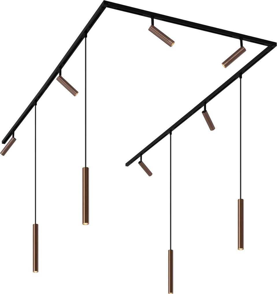 Nowoczesny system oświetlenia szynowego Slimline Uzzy Keno z 6 reflektorami i 4 lampami wiszącymi, ciemny brąz, 1-fazowy