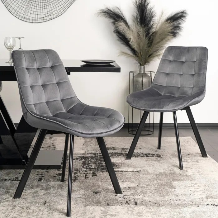 Zestaw Stół Prostokątny Rozkładany CLARK 120-160 cm Czarny Połysk i 4 Krzesła Tapicerowane RICK Szare Welurowe