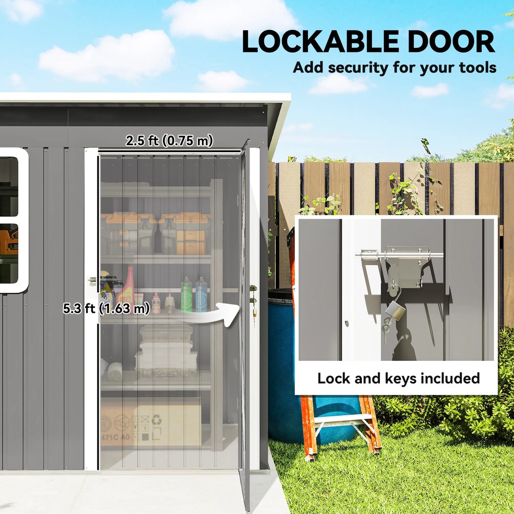 Outsunny Domek Ogrodowy ze Stalową Konstrukcją, z Oknem i Zamkiem, do Ogrodu i Tarasu, 221Dł x 133Szer x 190Wys cm, Szary