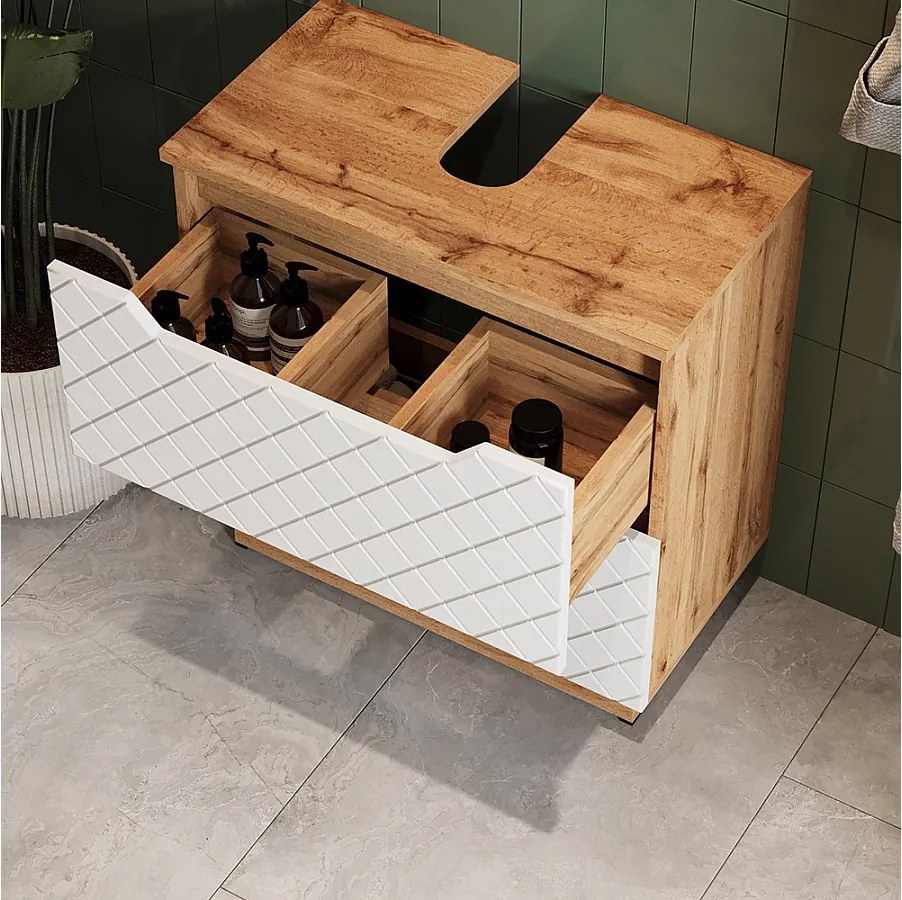 Szafka na wannę dąb/biały ze strukturą płytek 59.8x32x62.5 lotta