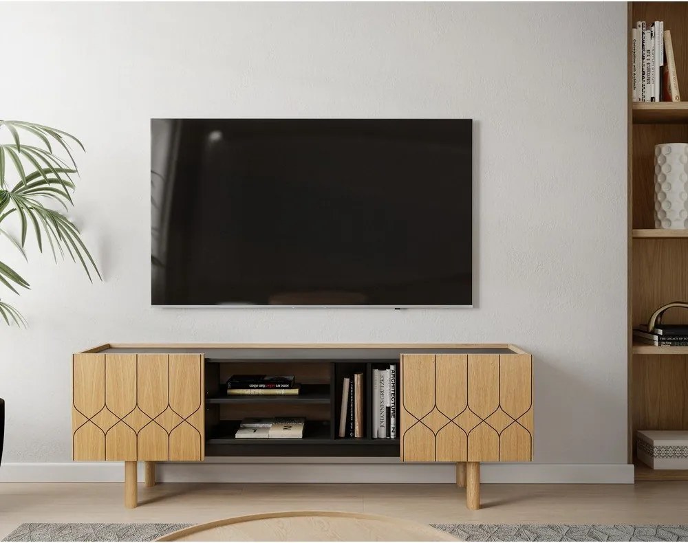 Czarno-naturalna szafka pod TV w dekorze dębu 175x60 cm Porto – Woodman