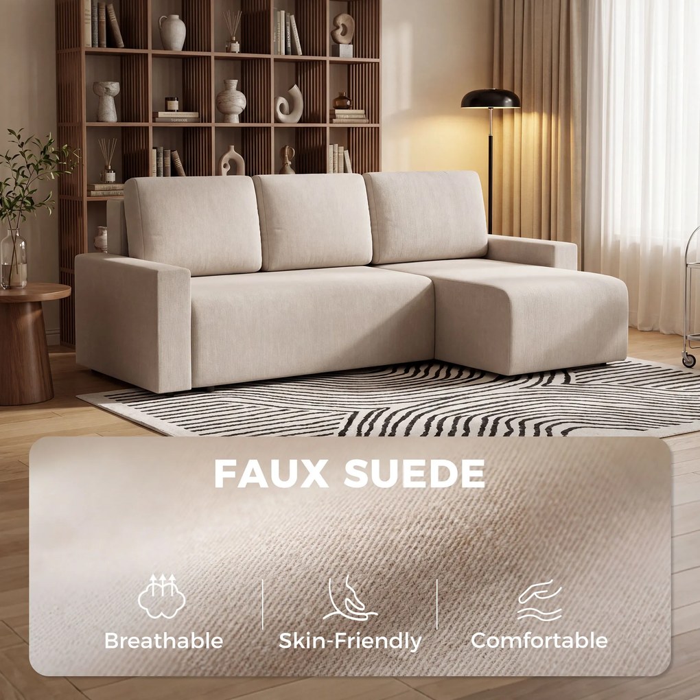 HOMCOM Narożnik z funkcją spania i odwracalnym szezlongiem, 3-osobowa sofa w kształcie L z efektem sztucznego zamszu, beżowy | Aosom PL