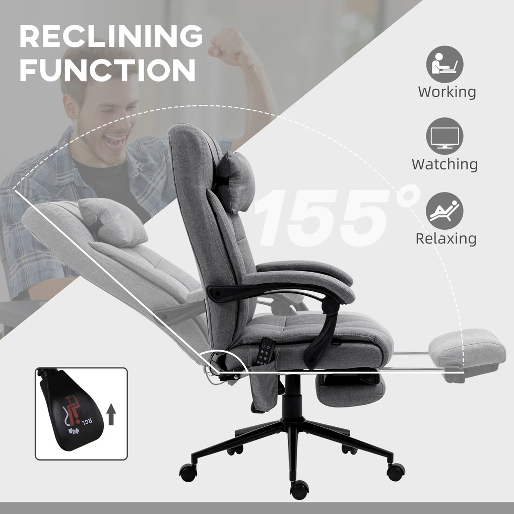 Vinsetto Ergonomiczny fotel biurowy z funkcją masażu regulowany Regulowane siedzisko Regulowany podnóżek Szary | Aosom PL