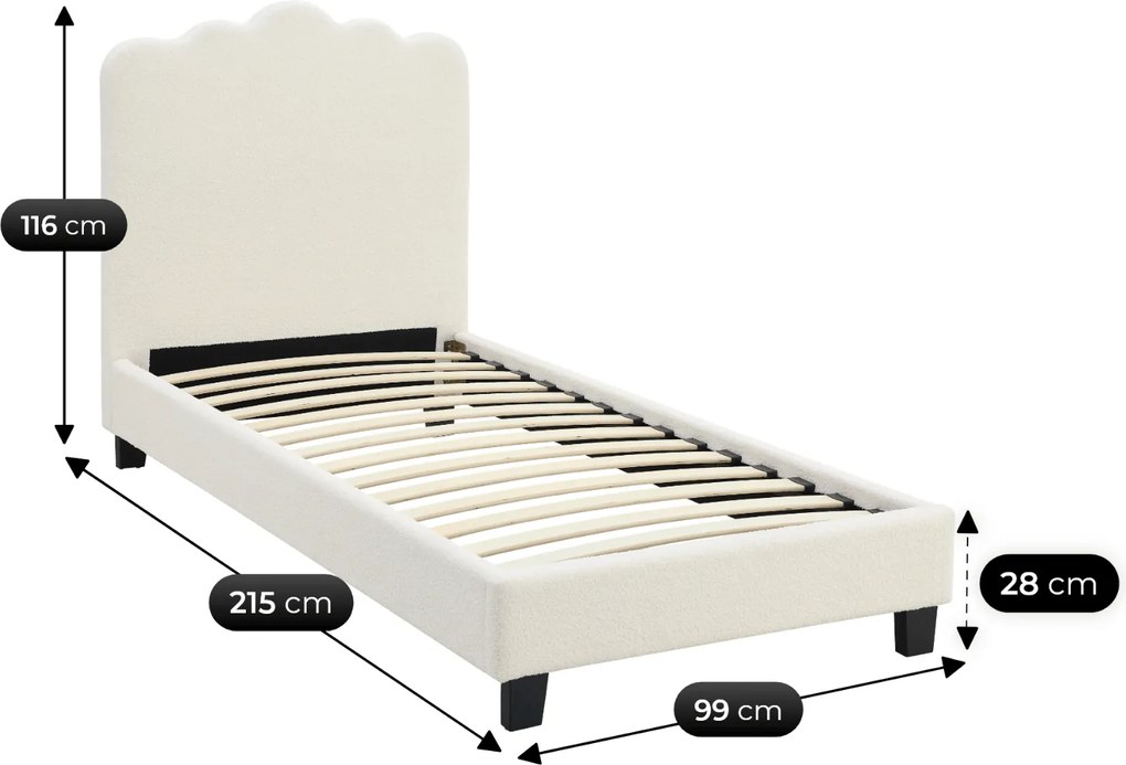 Łóżko Tapicerowane 90x200 cm CRATER ze Stelażem Młodzieżowe Boucle Kremowe