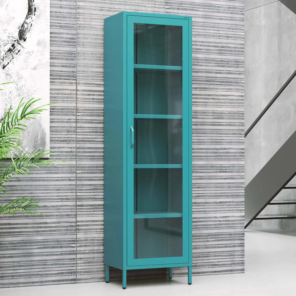 Witryna szklana do salonu wąska morska / turkusowa Modern LUIGI 500 x 1800 x 350 mm