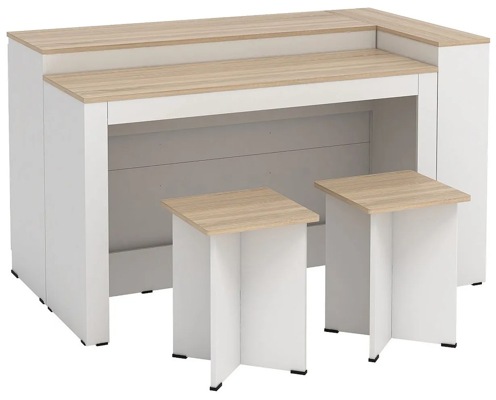 Zestaw wyspa kuchenna + 2 stołki barowe - Biały i Naturalny jasny - NUSICE