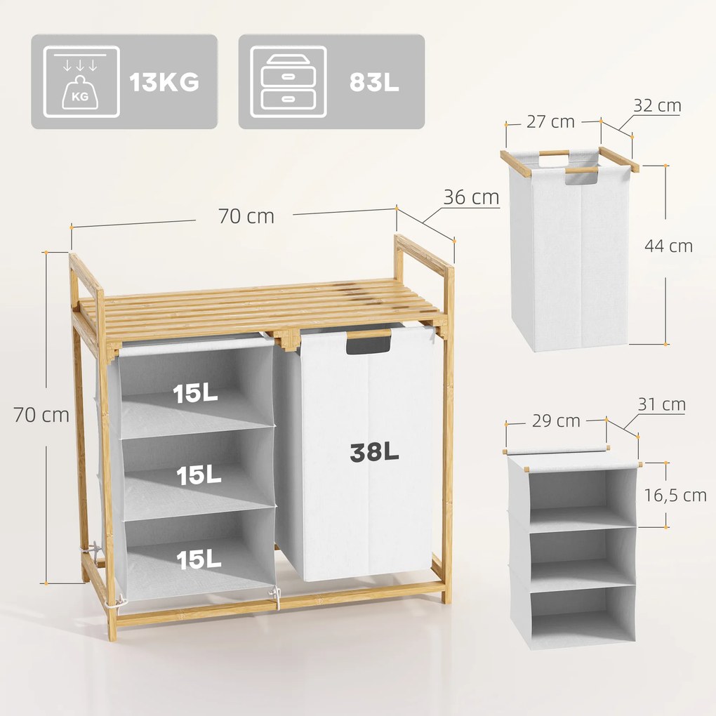 HOMCOM Kosz na pranie bambusowy z pojemnikiem szuflada materiałowy worek 70x36x70 cm do łazienki organizer na bieliznę drewno | Aosom PL